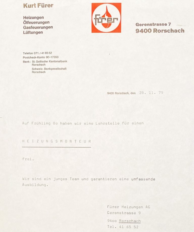 Fürer AG, 1978/1979: Einstellung 1. Lehrling Heizungsmonteur